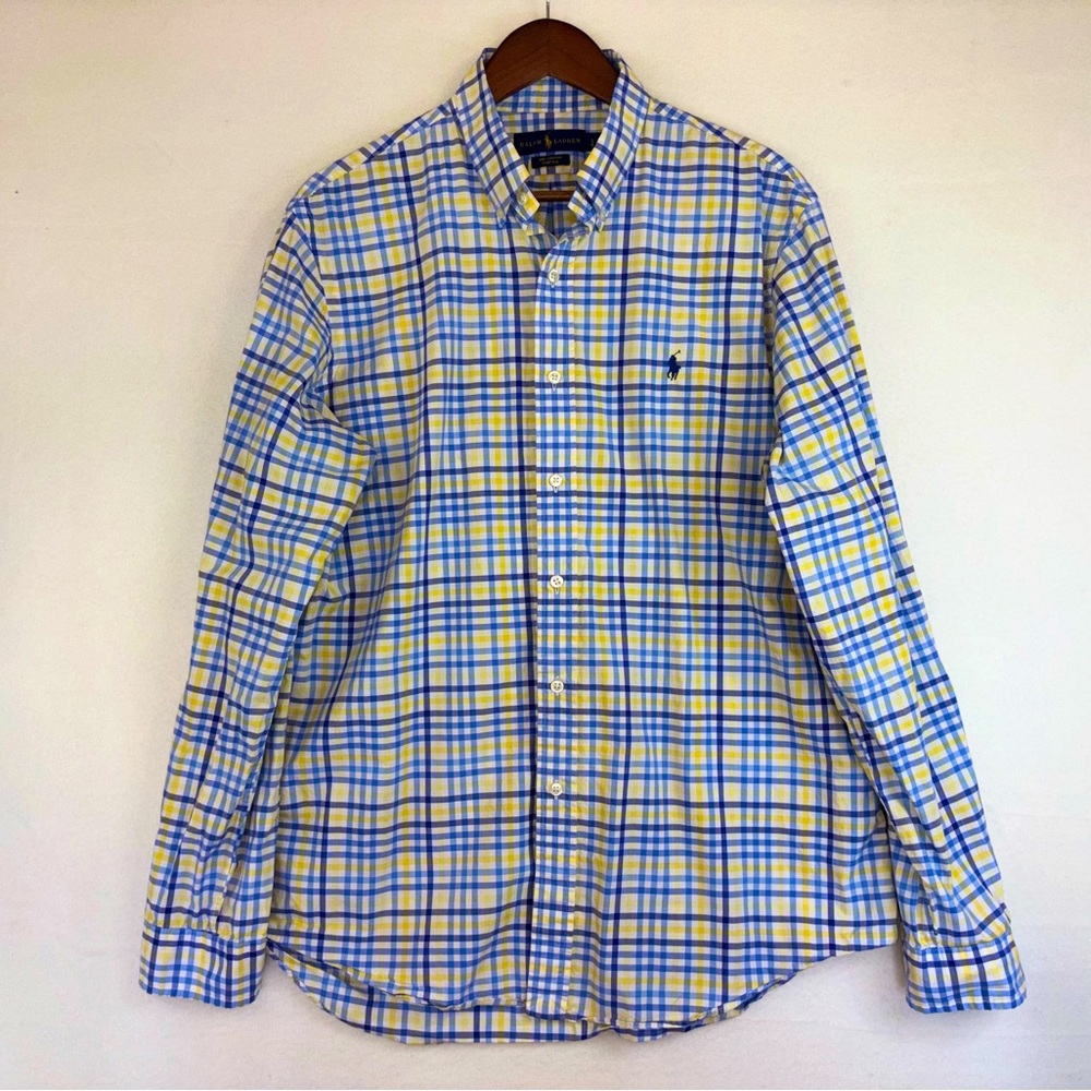 RALPH LAUREN Mens Button Down Shirt Blue Yellow Plaid Classic Prep Cotton Large